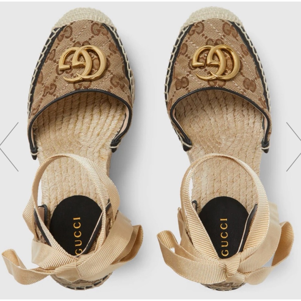 Authentic GUCCI
 embellished canvas-jacquard wedge espadrilles